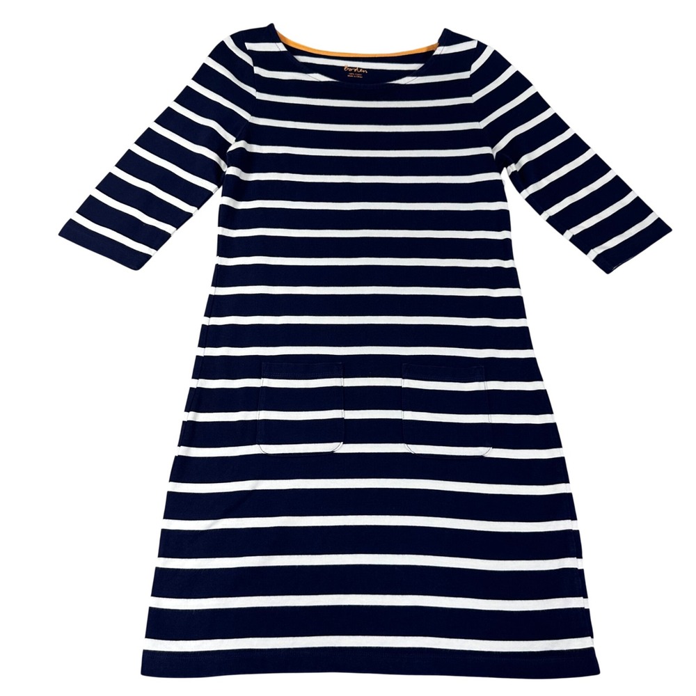 Boden Womens Navy White Striped Cotton Shift Dress 3/4 Sleeve Pockets US 2 WL892